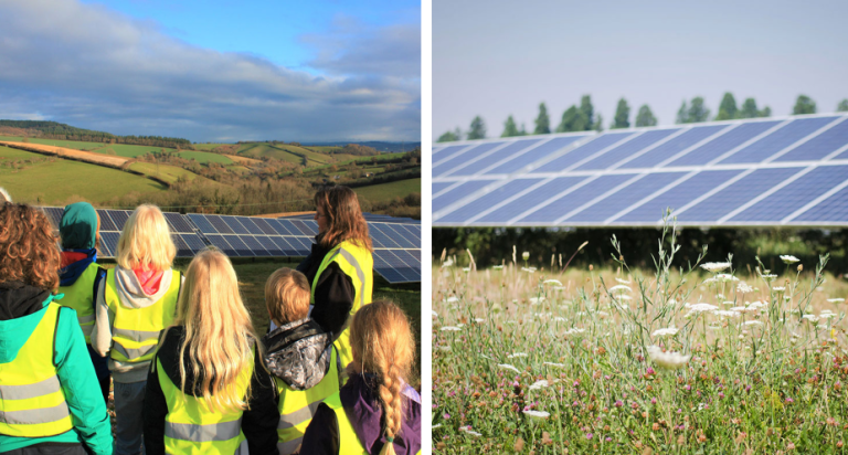 Children at solar farm and solar panels